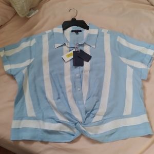 SKIES ARE BLUE top, XL, sky blue and white stripes.